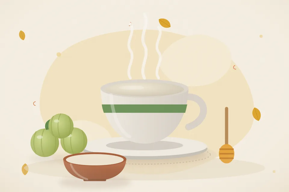 Illustrated still life with amla, honey.