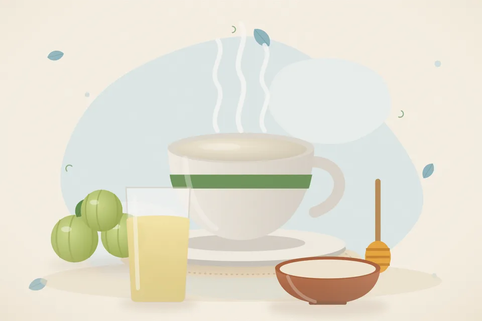Illustrated still life with amla, honey.