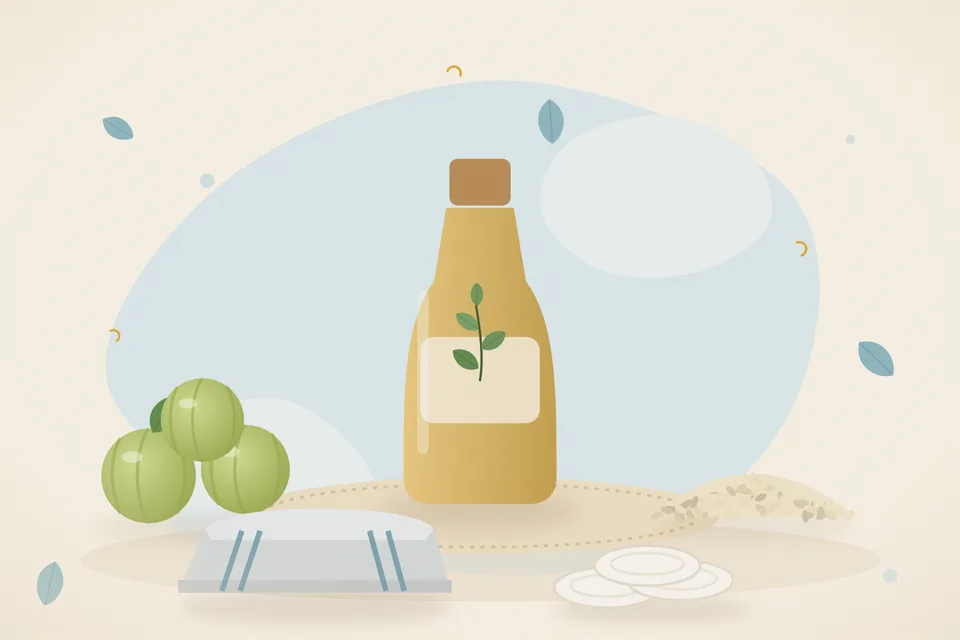 Illustrated still life with amla, sesame seeds.