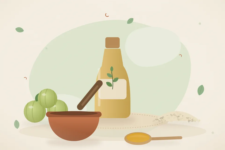 Illustrated still life with amla, sesame seeds.