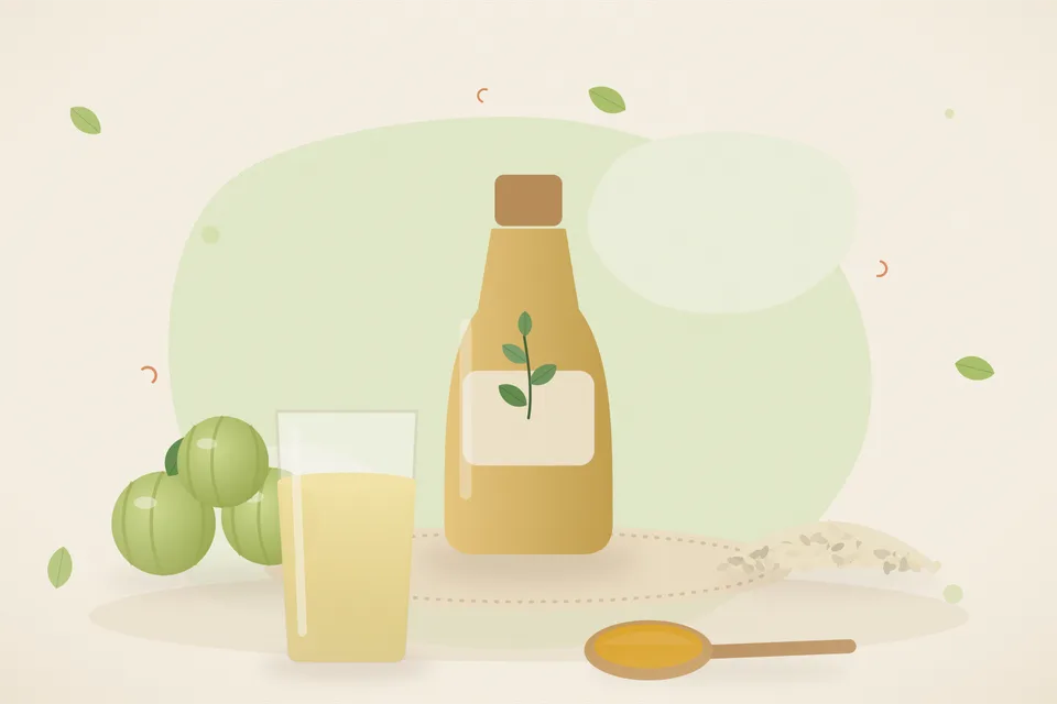 Illustrated still life with amla, sesame seeds.