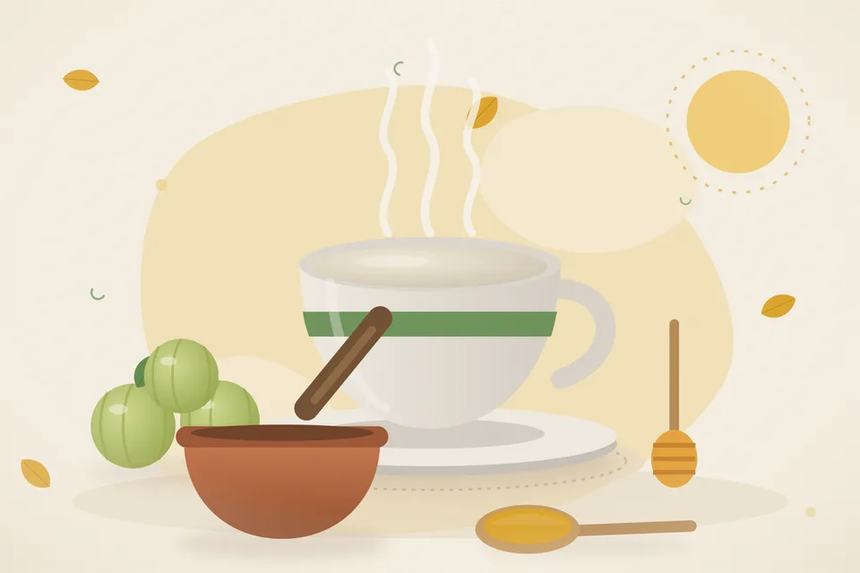 Illustrated still life with amla, honey.
