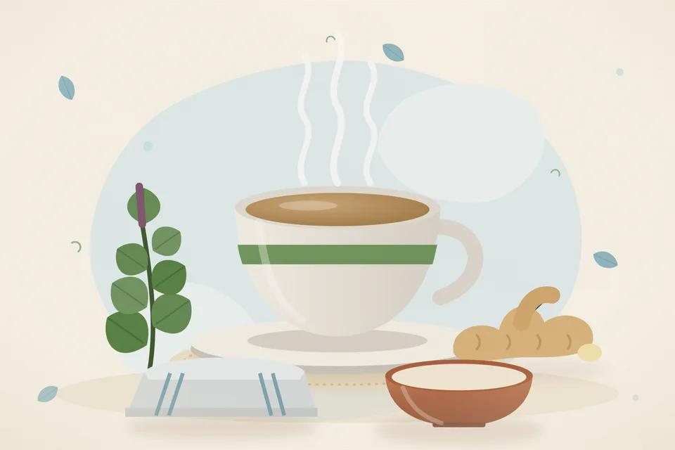 Illustrated still life with tulsi leaves, fresh ginger.