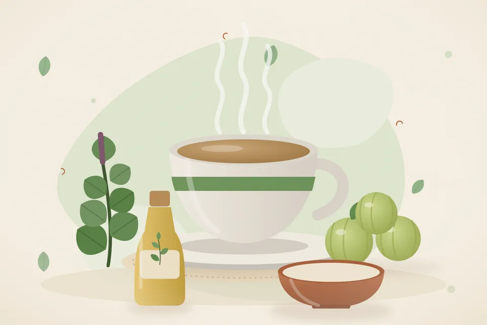 Illustrated still life with tulsi leaves, amla.