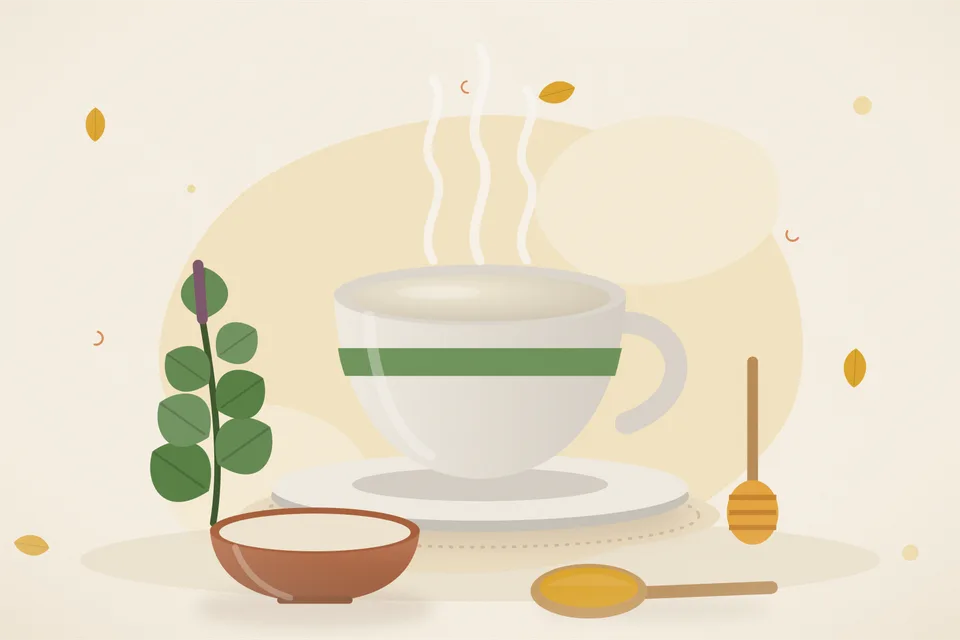 Illustrated still life with tulsi leaves, honey.