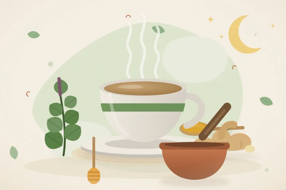Illustrated still life with tulsi leaves, fresh ginger, honey.