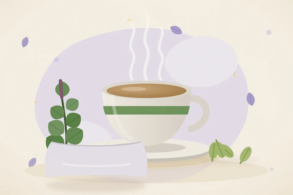 Illustrated still life with tulsi leaves, cardamom.