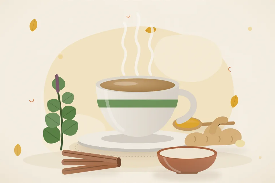 Illustrated still life with tulsi leaves, fresh ginger, cinnamon.