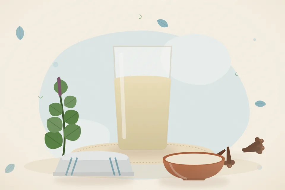 Illustrated still life with tulsi leaves, cloves.