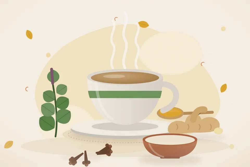 Illustrated still life with tulsi leaves, fresh ginger, cloves.
