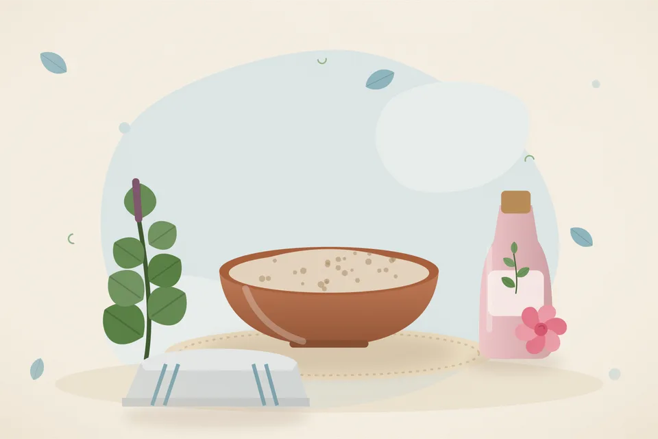 Illustrated still life with tulsi leaves, rose water, a folded cloth.