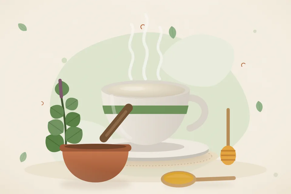 Illustrated still life with tulsi leaves, honey.