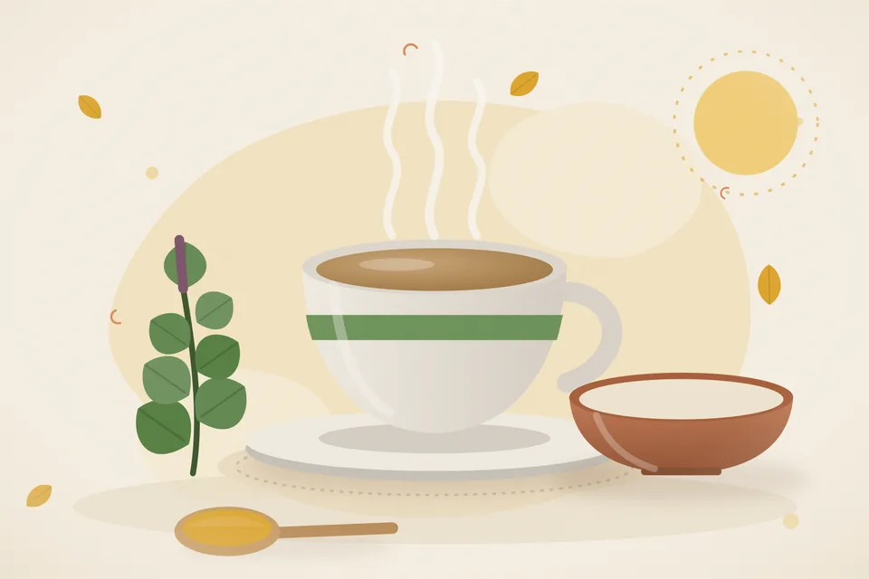 Illustrated still life with tulsi leaves.