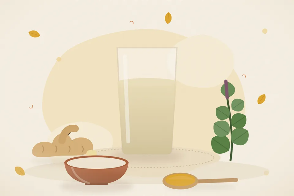 Illustrated still life with fresh ginger, tulsi leaves.