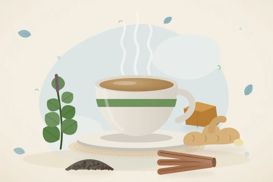 Illustrated still life with tulsi leaves, fresh ginger, black pepper, cinnamon, jaggery.