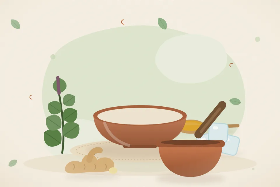 Illustrated still life with tulsi leaves, ice, fresh ginger.
