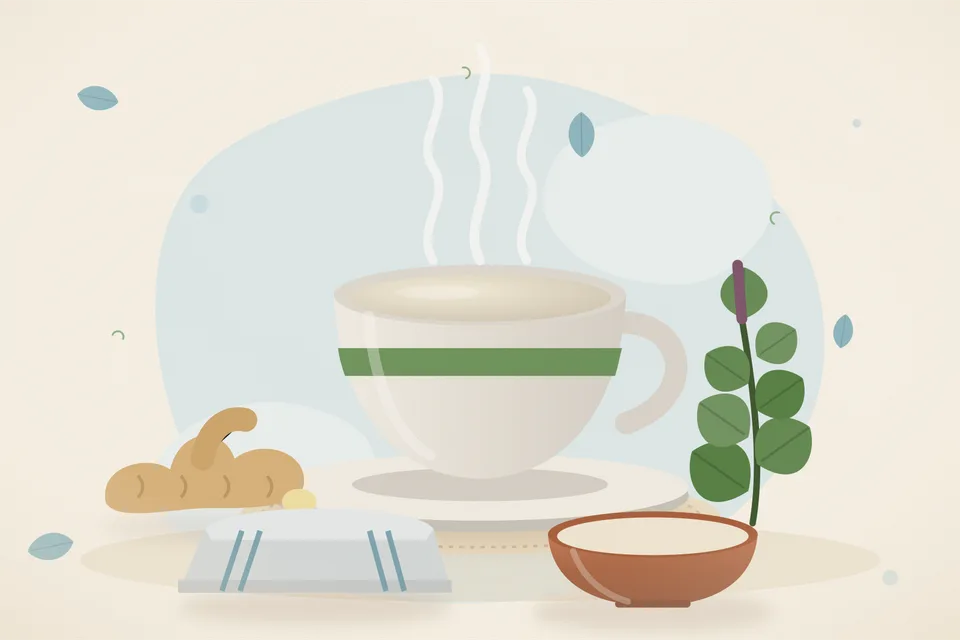 Illustrated still life with fresh ginger, tulsi leaves.