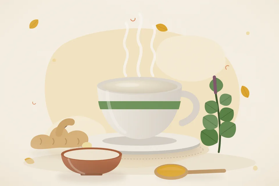 Illustrated still life with fresh ginger, tulsi leaves.