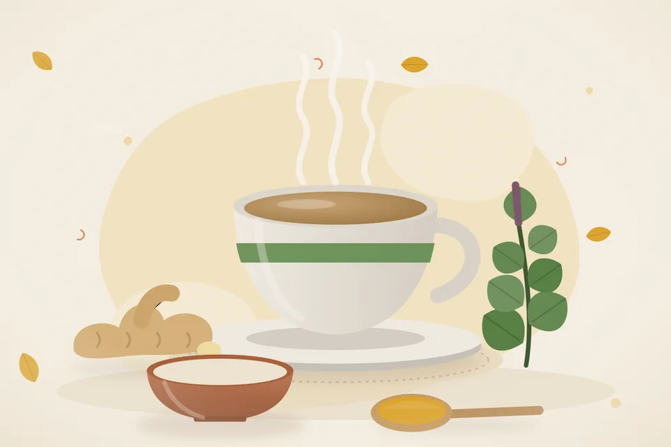 Illustrated still life with fresh ginger, tulsi leaves.