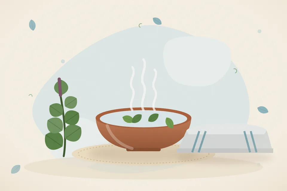 A bowl of hot water with tulsi leaves on a kitchen table and a folded towel set back from the bowl.