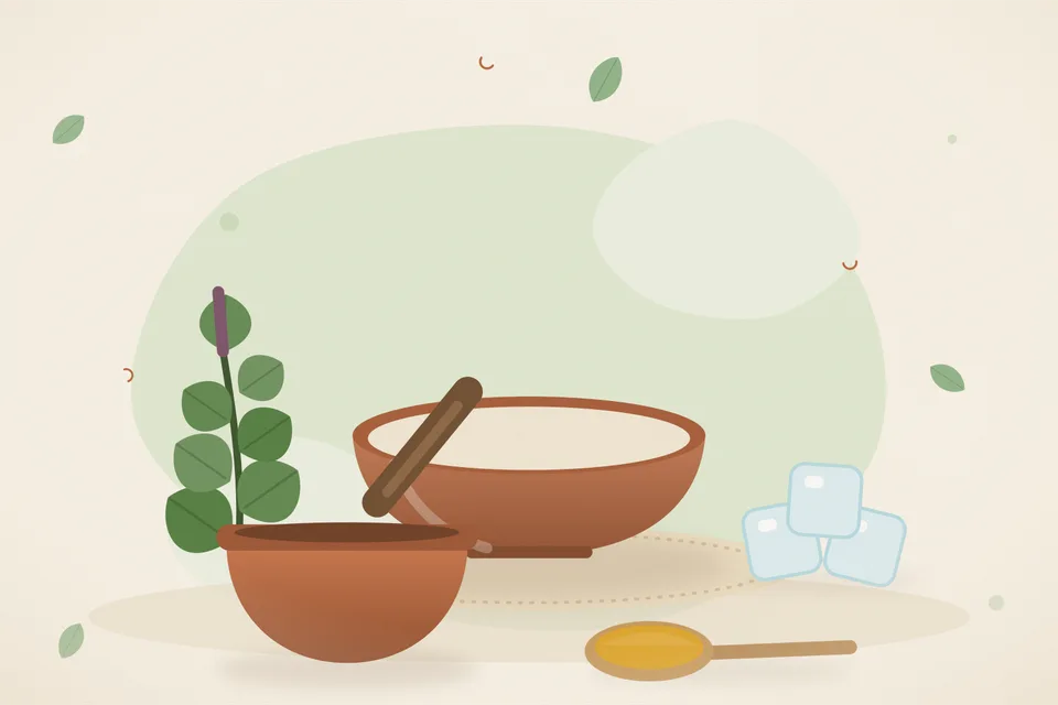 Illustrated still life with tulsi leaves, ice.