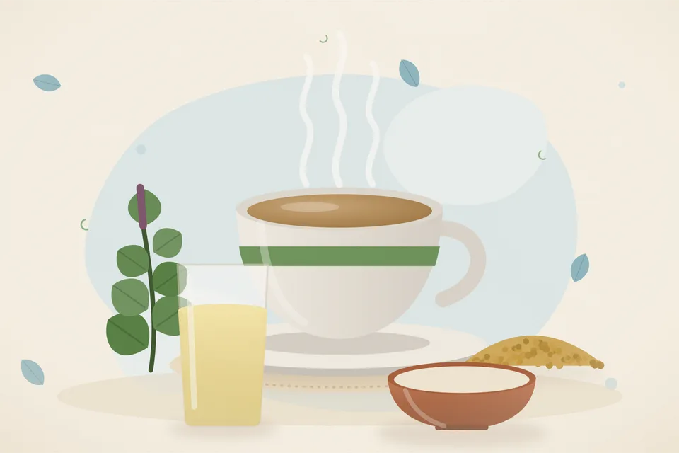 Illustrated still life with tulsi leaves, fenugreek seeds.