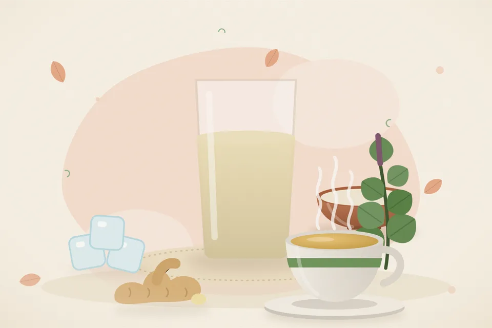 Illustrated still life with ice, tulsi leaves, fresh ginger.