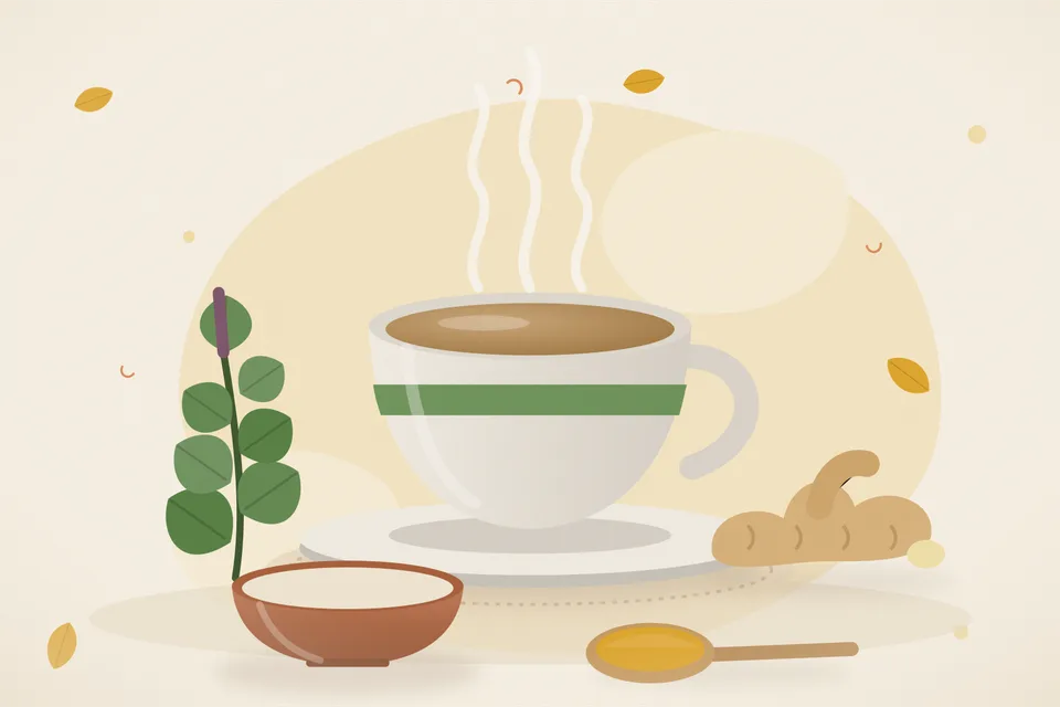Illustrated still life with tulsi leaves, fresh ginger.