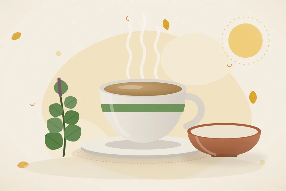 Illustrated still life with tulsi leaves.