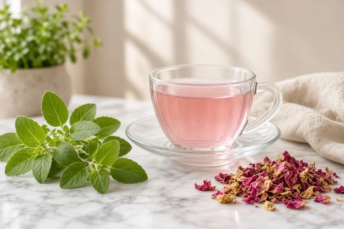 A glass cup of pink-tinged tea with fresh tulsi leaves and dried rose petals.