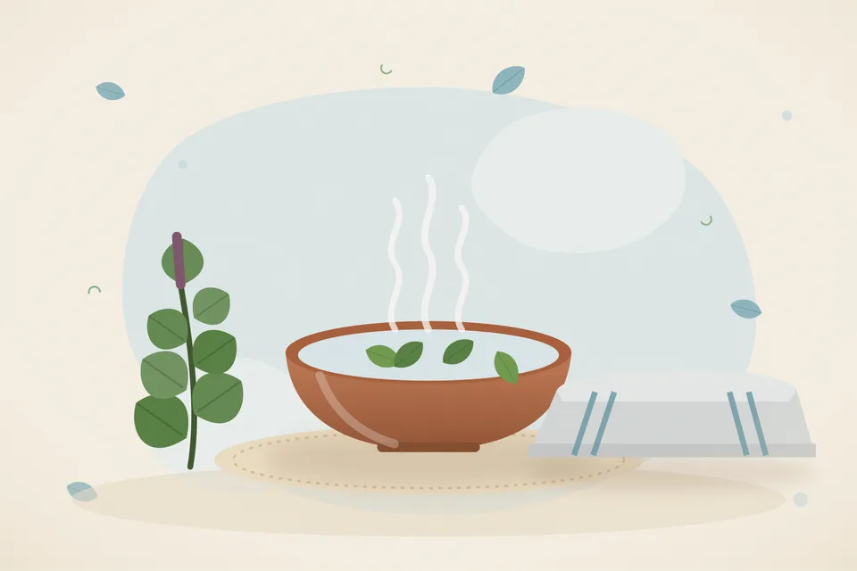 Illustrated still life with tulsi leaves, a folded cloth.