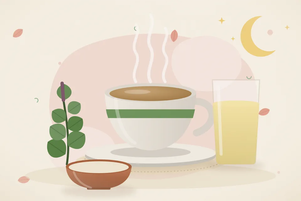 Illustrated still life with tulsi leaves.