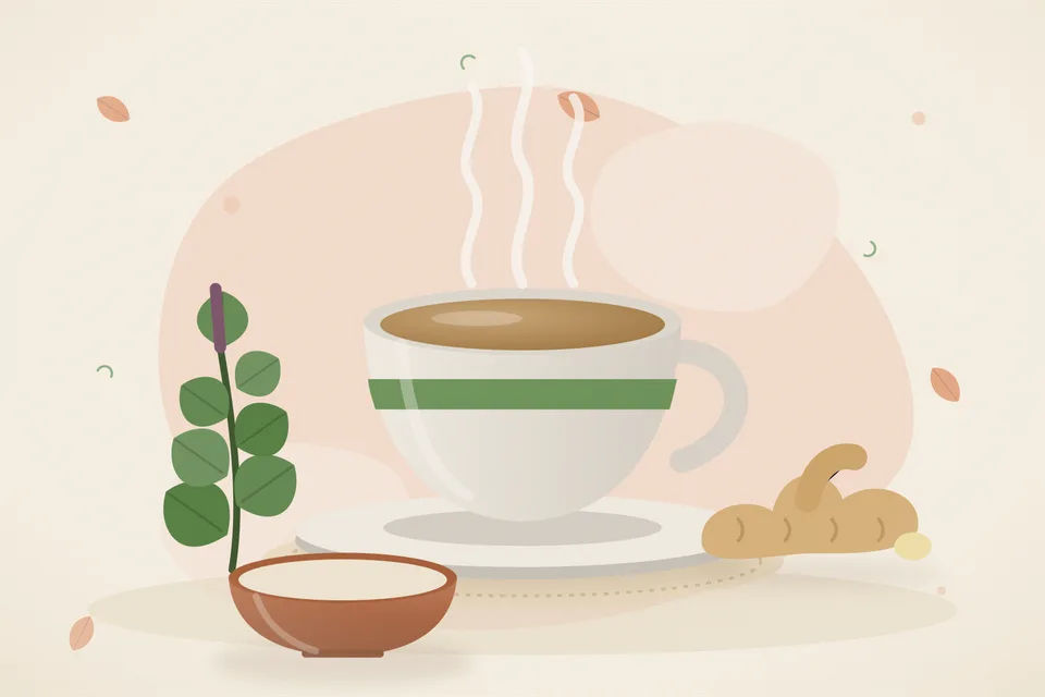 Illustrated still life with tulsi leaves, fresh ginger.