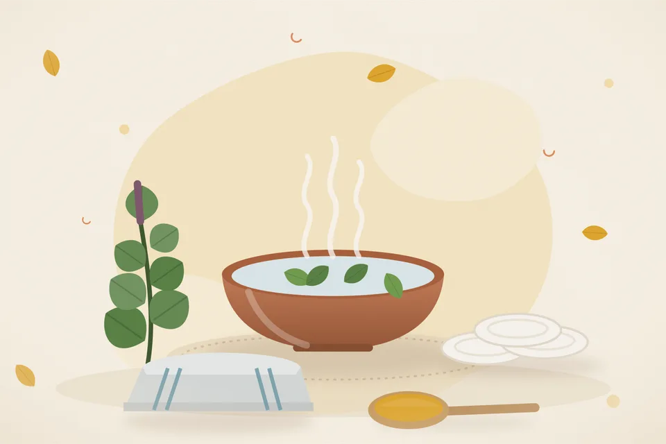 Illustrated still life with tulsi leaves, cotton pads, a folded cloth.