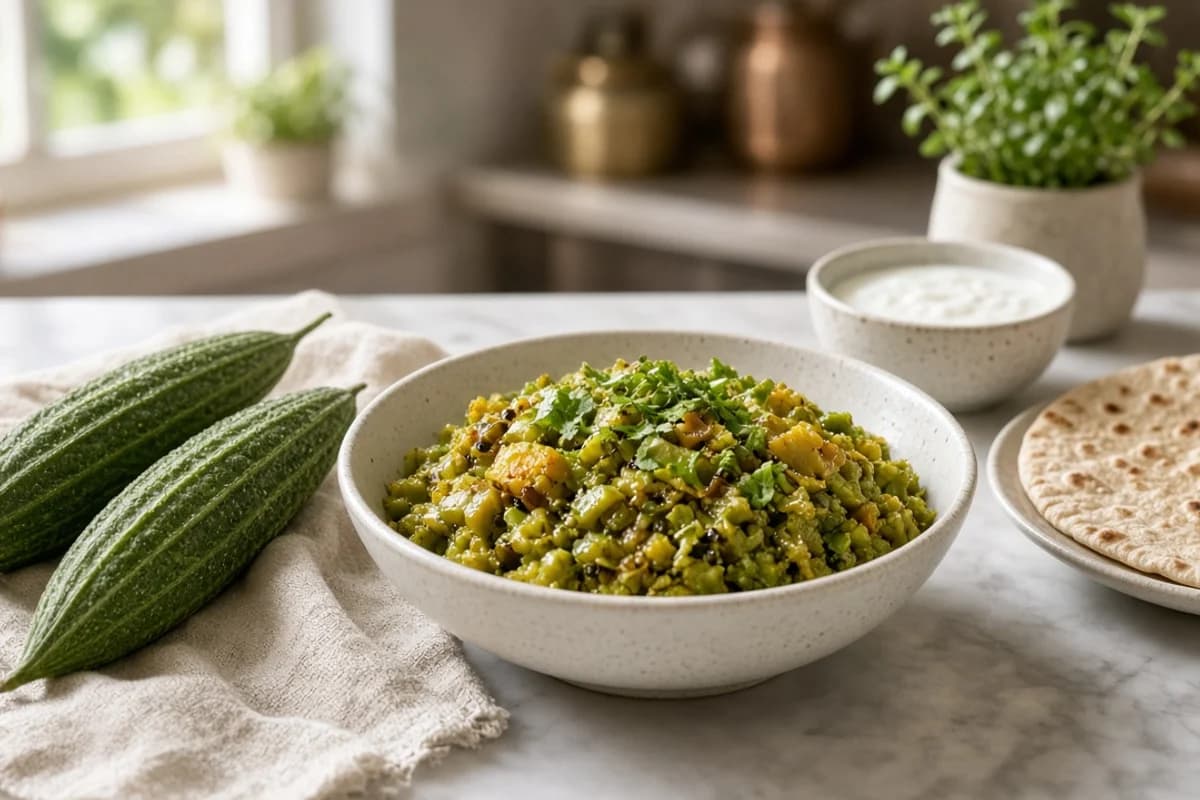 A bowl of green turai sabzi beside whole ridge gourds, a roti and a small bowl of curd.