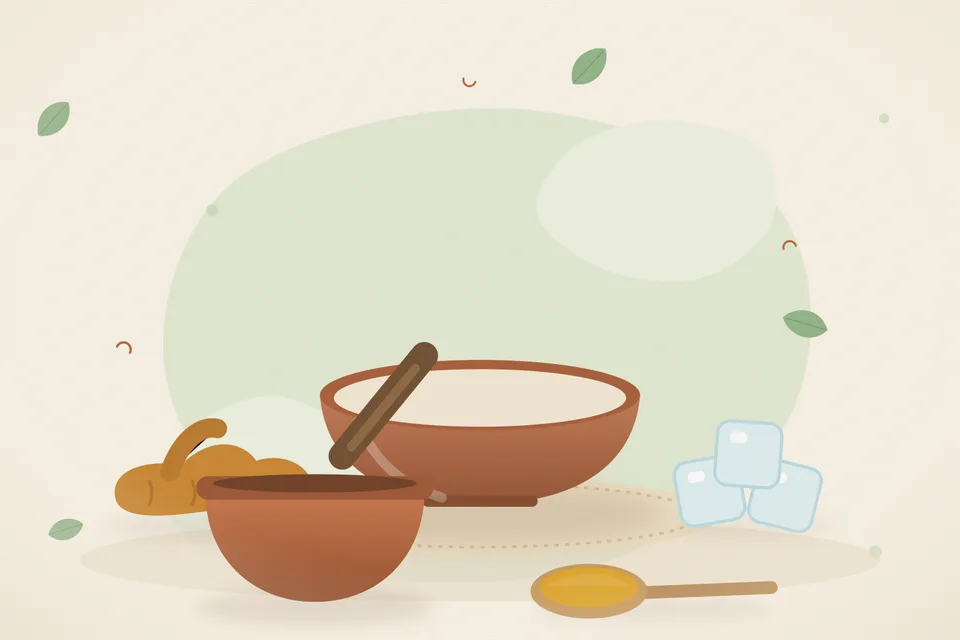 Illustrated still life with turmeric root, ice.