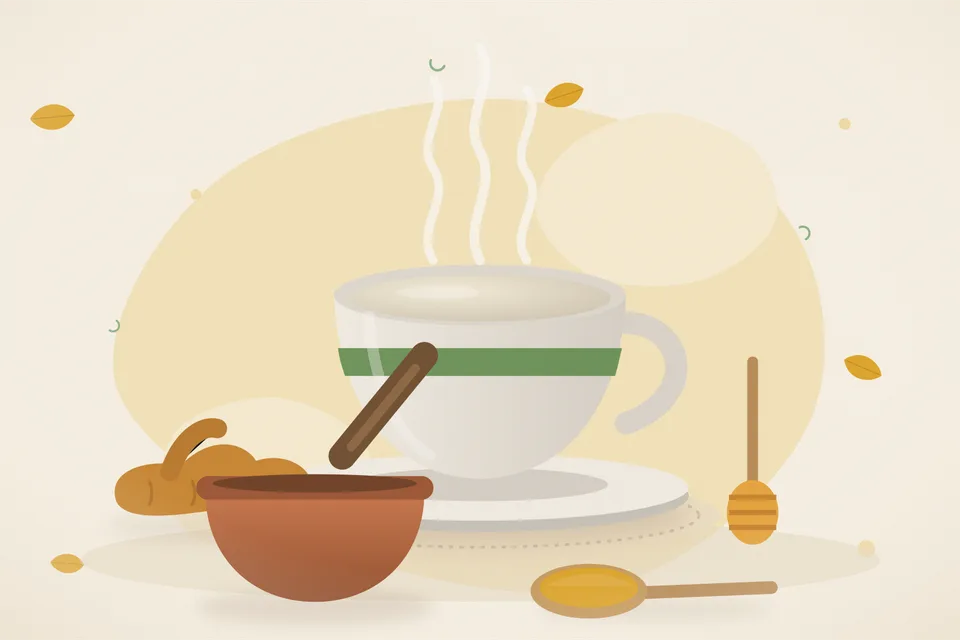 Illustrated still life with turmeric root, honey.