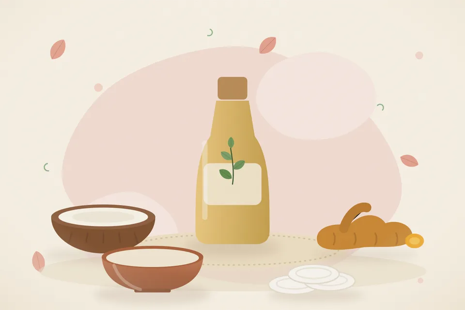 Illustrated still life with coconut, turmeric root.