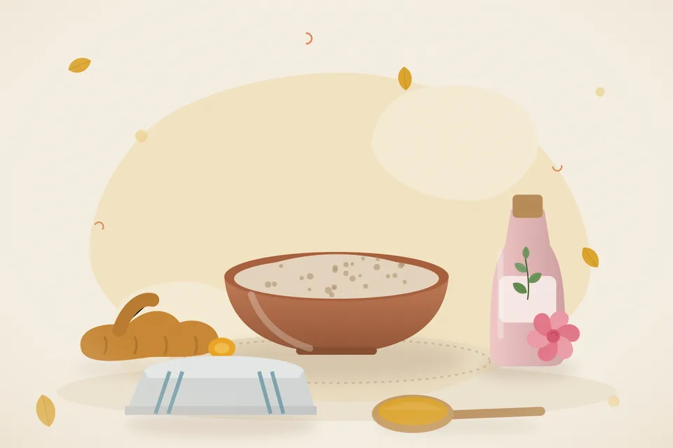Illustrated still life with turmeric root, rose water, a folded cloth.