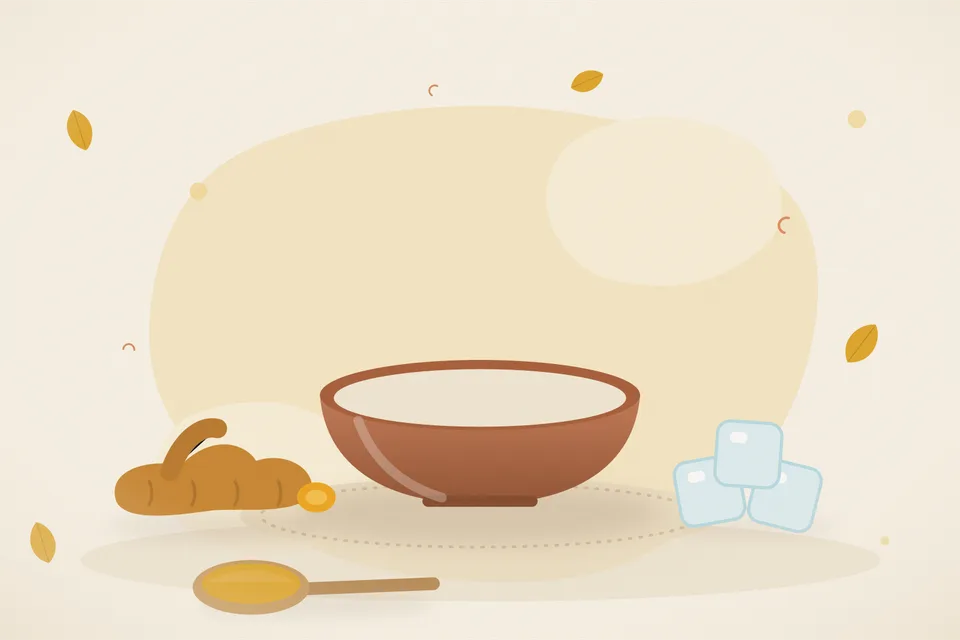 Illustrated still life with turmeric root, ice.