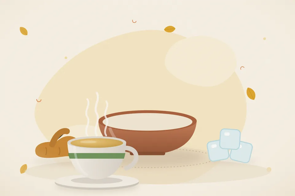Illustrated still life with turmeric root, ice.