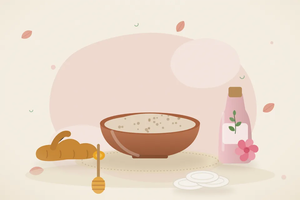 Illustrated still life with turmeric root, rose water, honey.