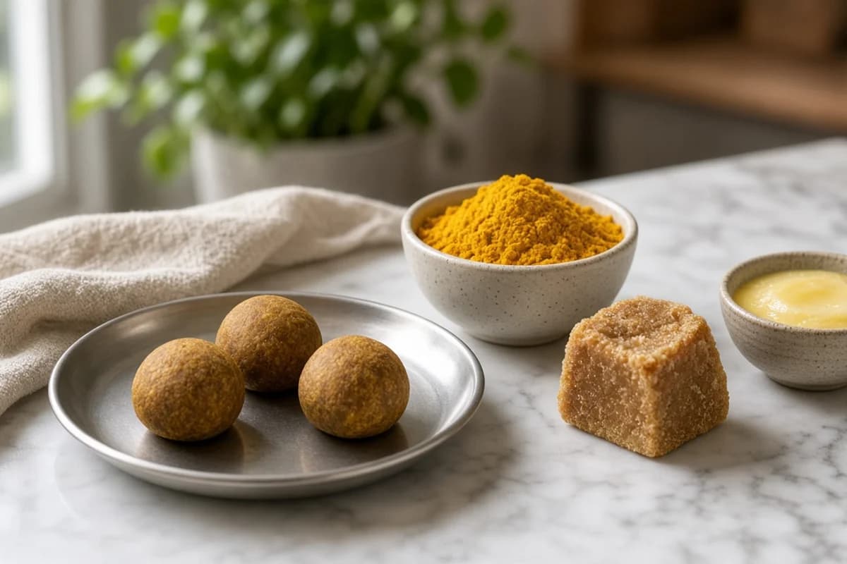 Pea-sized brown-yellow turmeric jaggery balls on a steel plate with turmeric powder, jaggery and ghee.