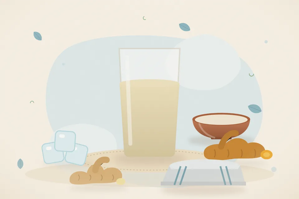 Illustrated still life with ice, turmeric root, fresh ginger.
