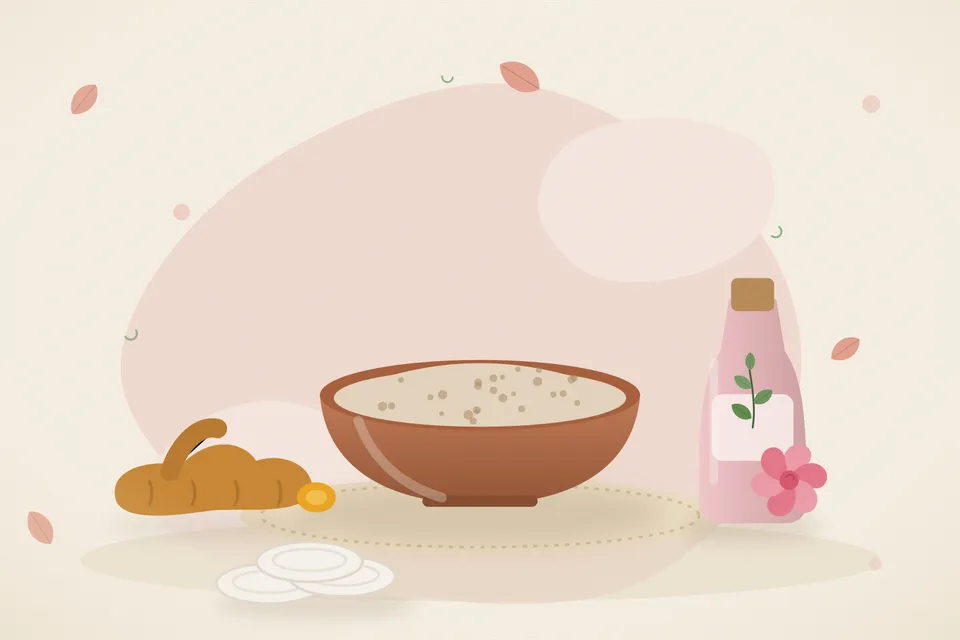 Illustrated still life with turmeric root, rose water.