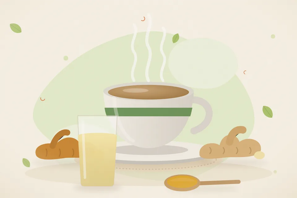 Illustrated still life with turmeric root, fresh ginger.