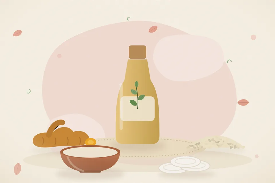 Illustrated still life with turmeric root, sesame seeds.