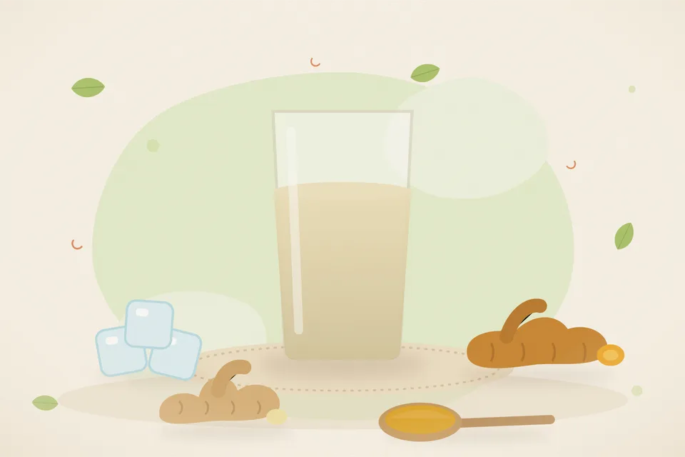 Illustrated still life with ice, turmeric root, fresh ginger.