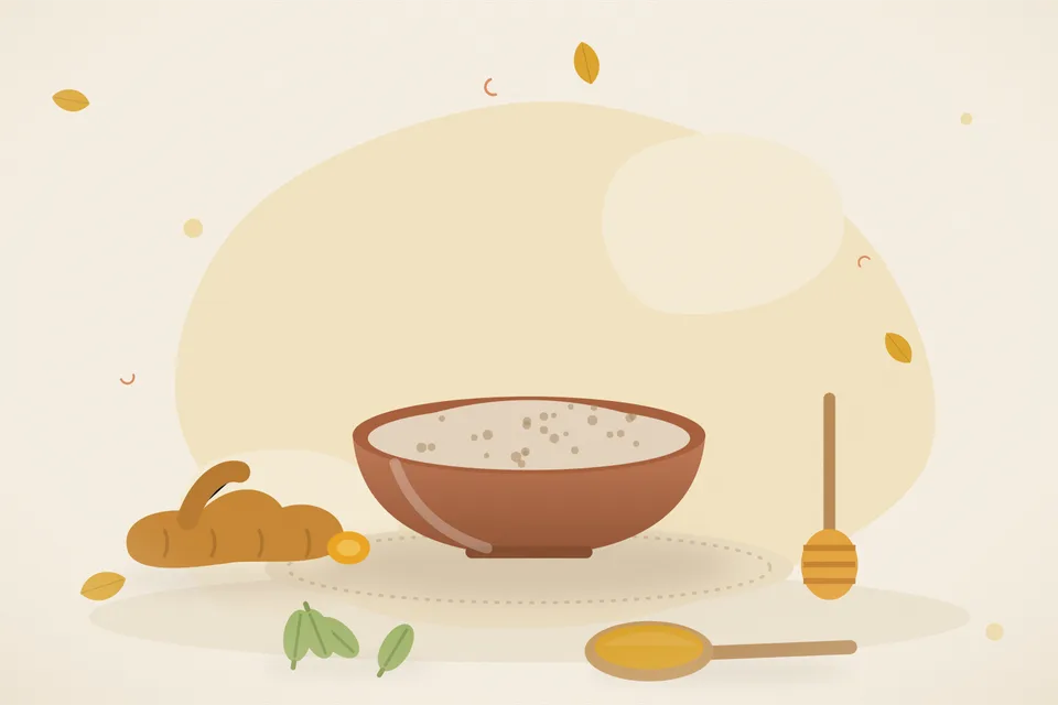 Illustrated still life with turmeric root, honey, cardamom.
