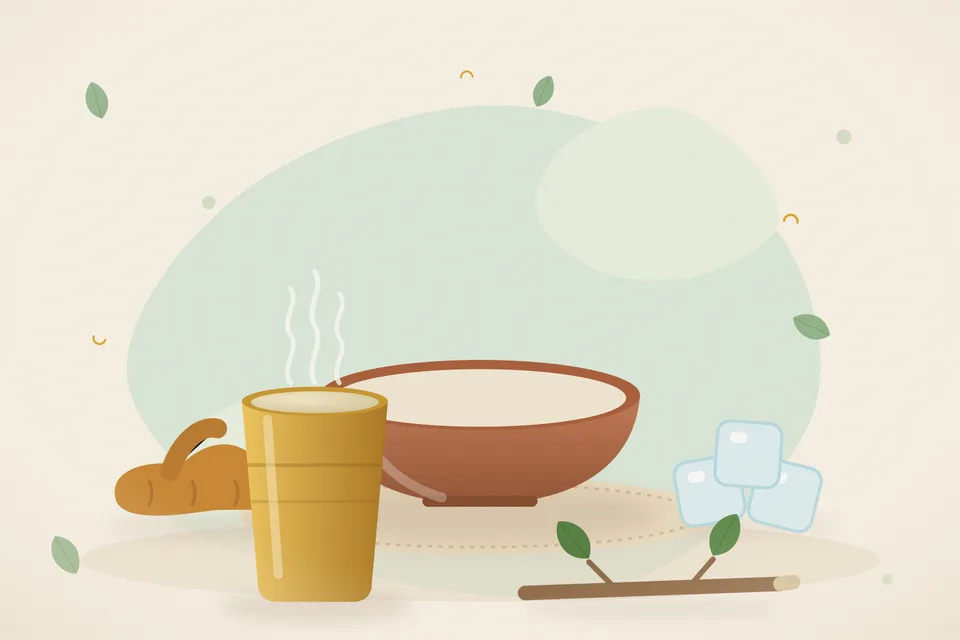 Illustrated still life with turmeric root, ice.